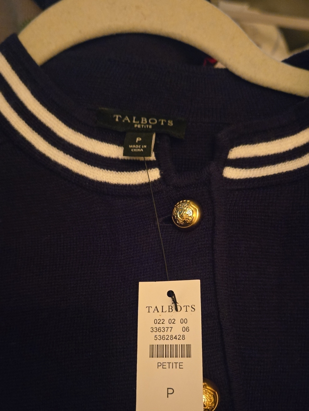 NWT Talbots Petite Navy Crew Sweater with White Trim and Gold Buttons